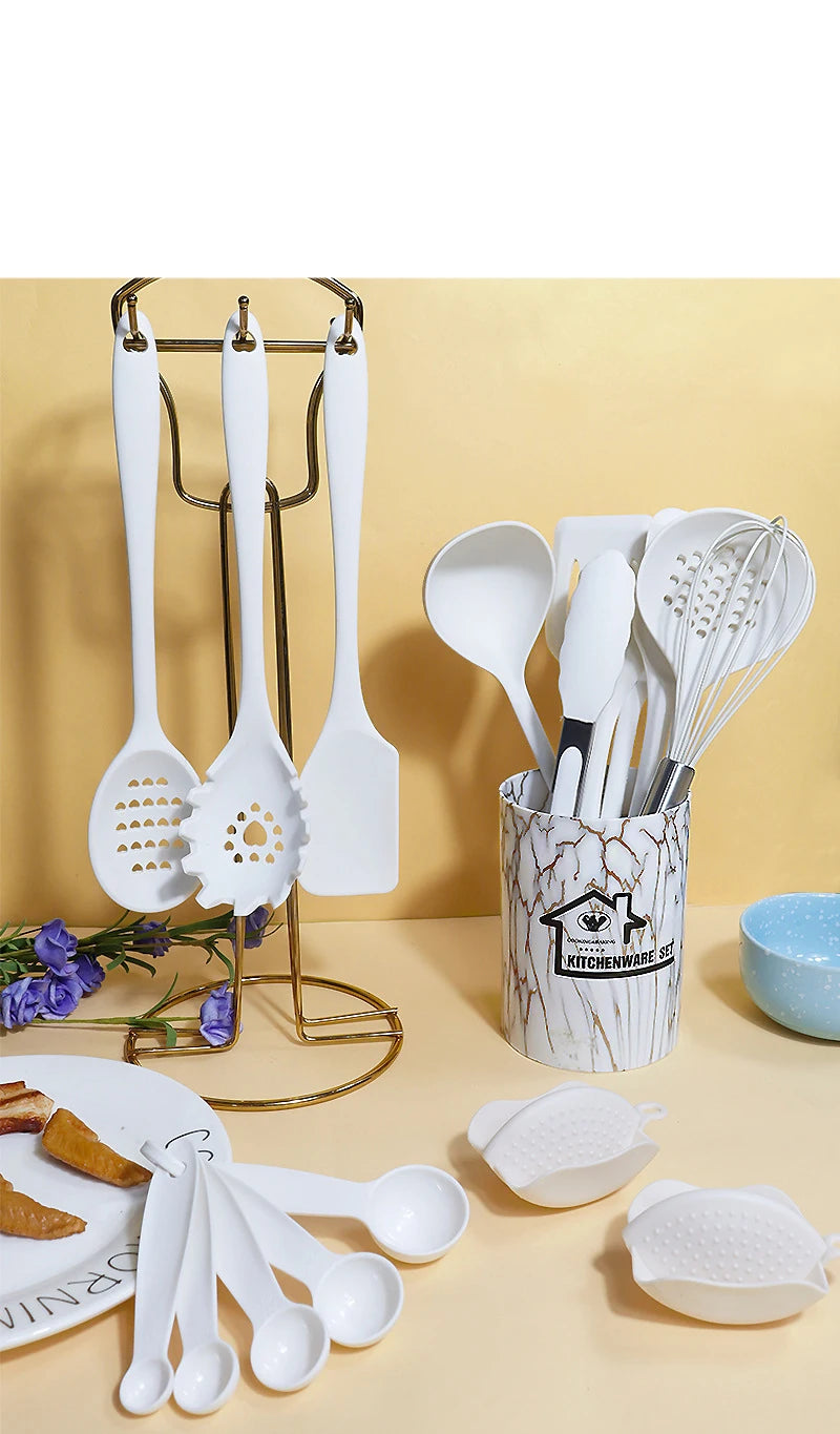 Pink 18PCS Silicone Kitchen Utensil Set – Food Grade Non-Stick Cooking Tools with Spatula, Turner & Measuring Spoons