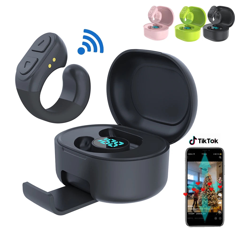 Bluetooth 5.0 Fingertip Remote Scrolling Ring – Wireless TikTok Scroll Controller & Camera Shutter Selfie Button with Phone Stand for Android & iOS