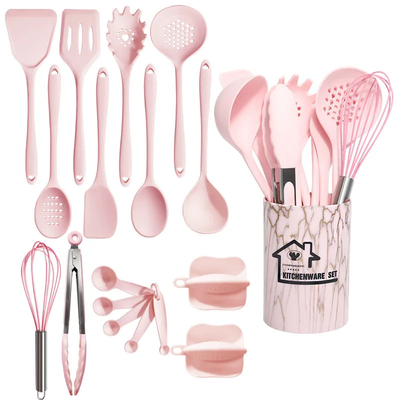 Pink 18PCS Silicone Kitchen Utensil Set – Food Grade Non-Stick Cooking Tools with Spatula, Turner & Measuring Spoons