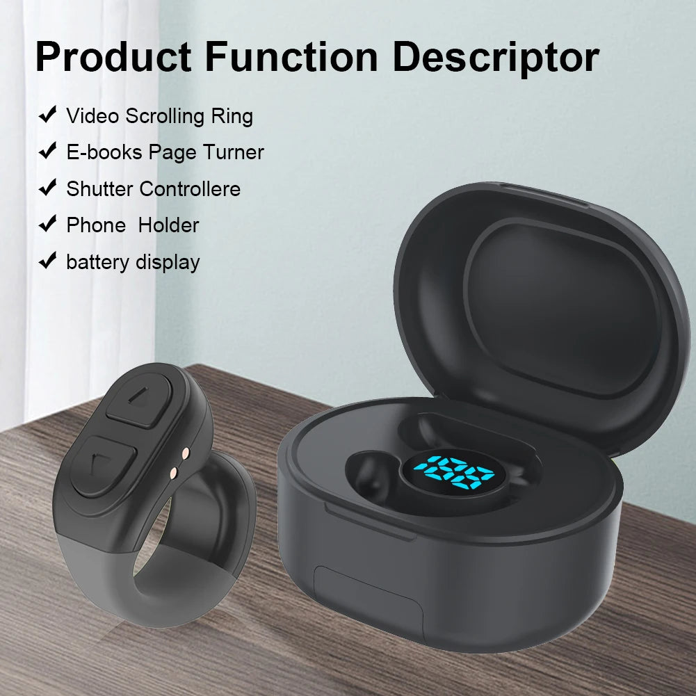 Bluetooth 5.0 Fingertip Remote Scrolling Ring – Wireless TikTok Scroll Controller & Camera Shutter Selfie Button with Phone Stand for Android & iOS