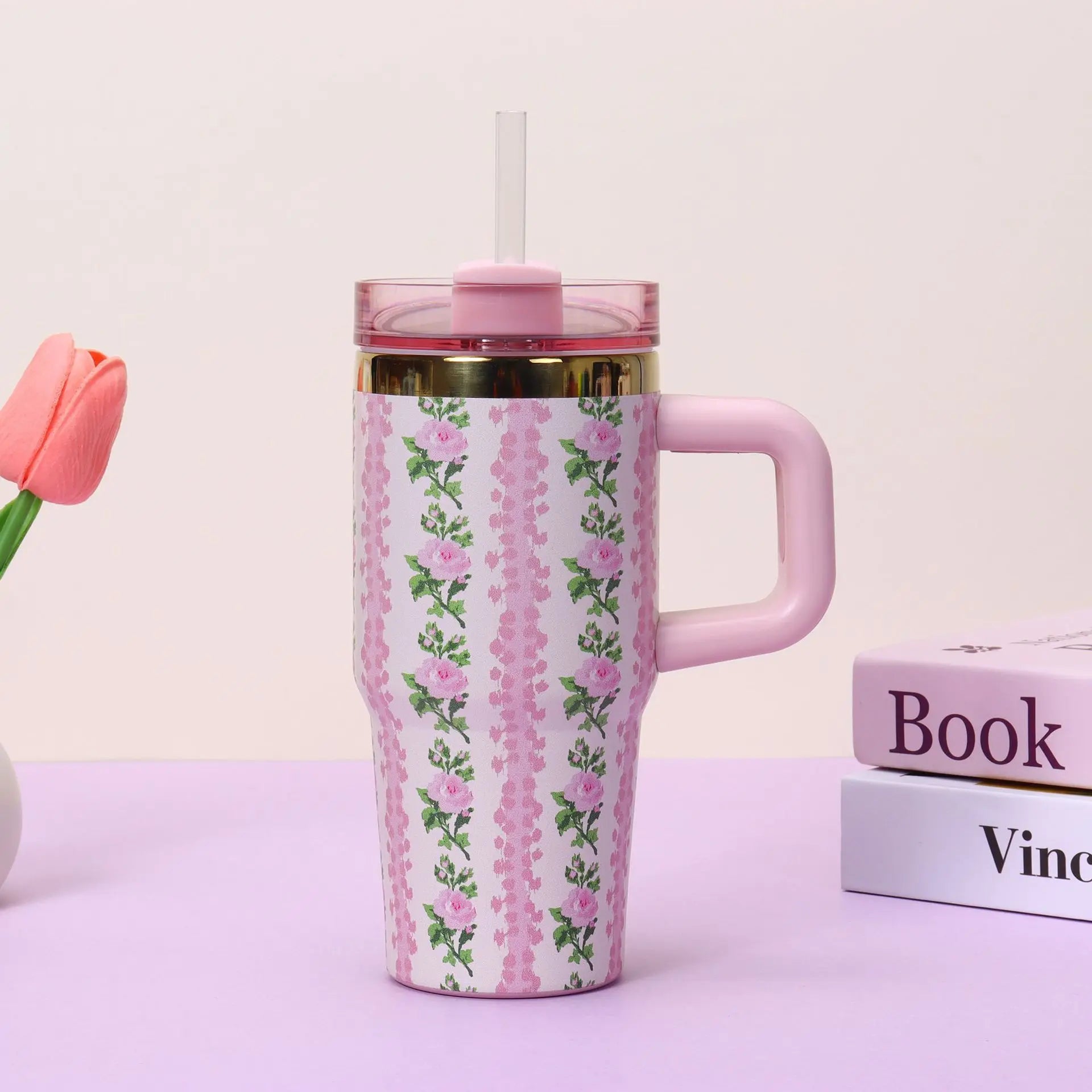 14oz Stainless Steel Insulated Car Tumbler | Travel Mug with Handle and Straw