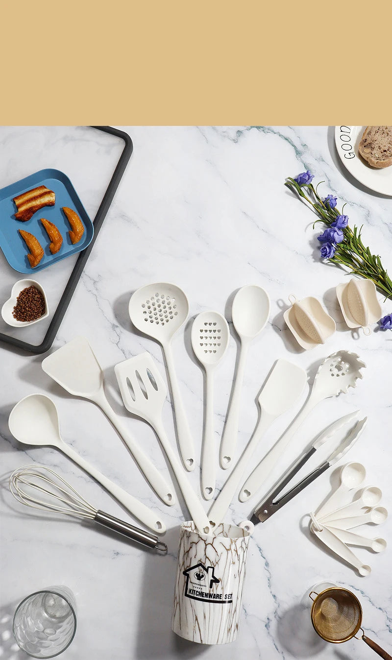 Pink 18PCS Silicone Kitchen Utensil Set – Food Grade Non-Stick Cooking Tools with Spatula, Turner & Measuring Spoons