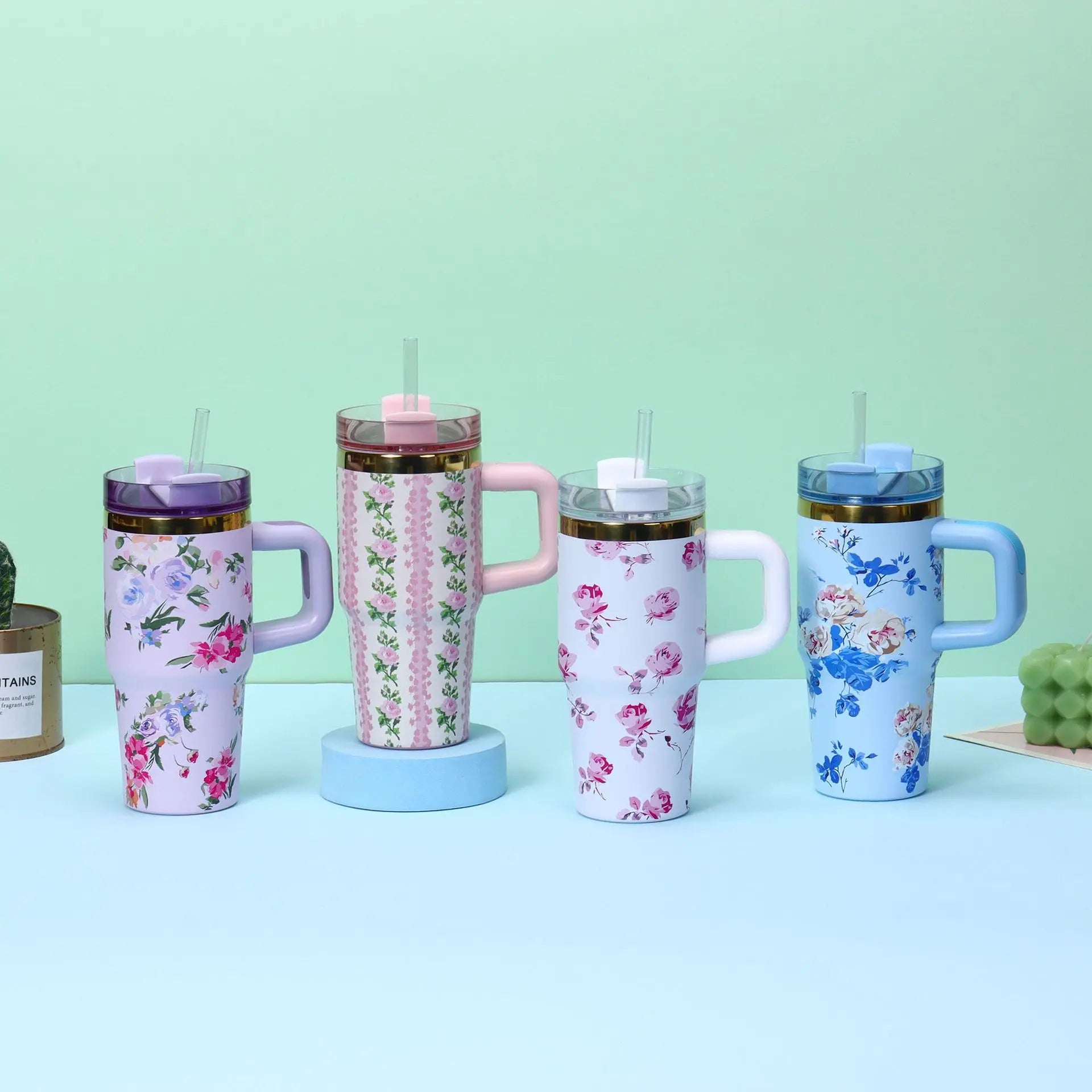 14oz Stainless Steel Insulated Car Tumbler | Travel Mug with Handle and Straw