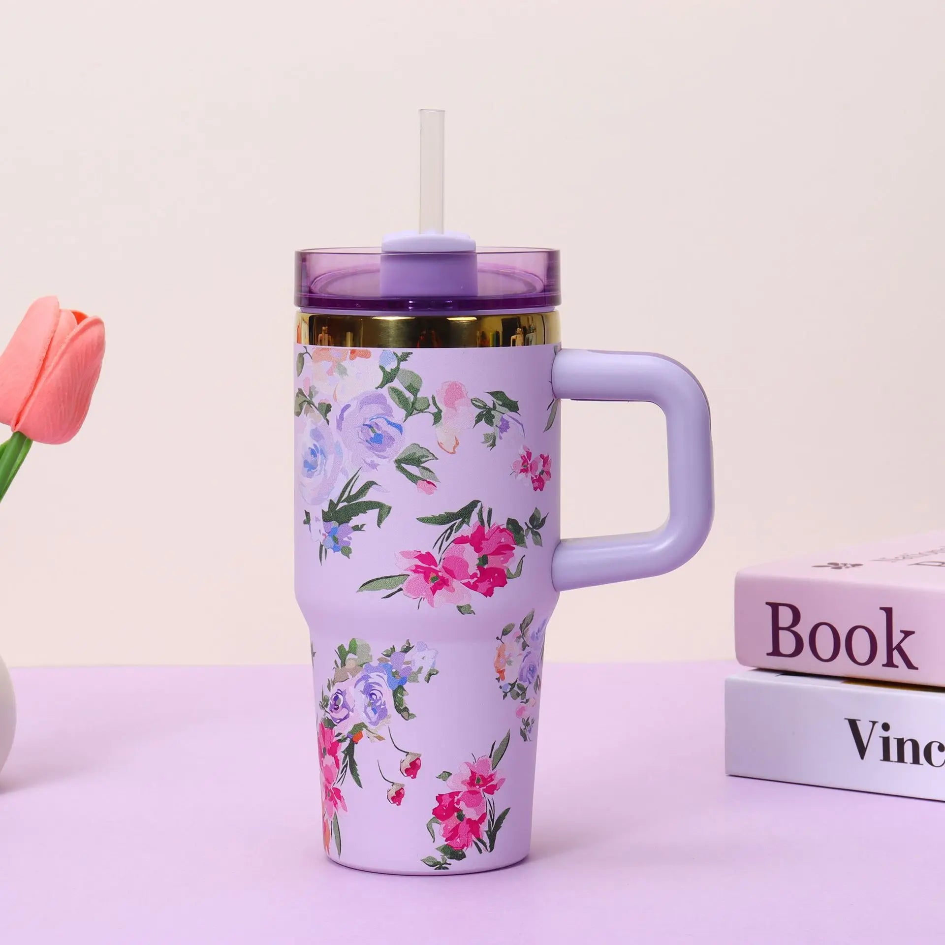 14oz Stainless Steel Insulated Car Tumbler | Travel Mug with Handle and Straw