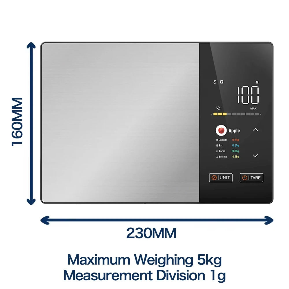 Smart Stainless Steel Kitchen Scale – 11lb/5kg Digital Food Scale with Calorie, Protein, Fat & Carb Nutritional Calculator