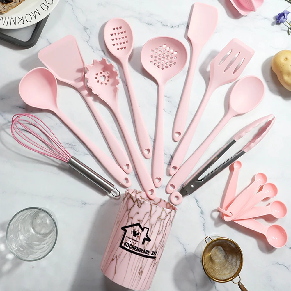 Pink 18PCS Silicone Kitchen Utensil Set – Food Grade Non-Stick Cooking Tools with Spatula, Turner & Measuring Spoons