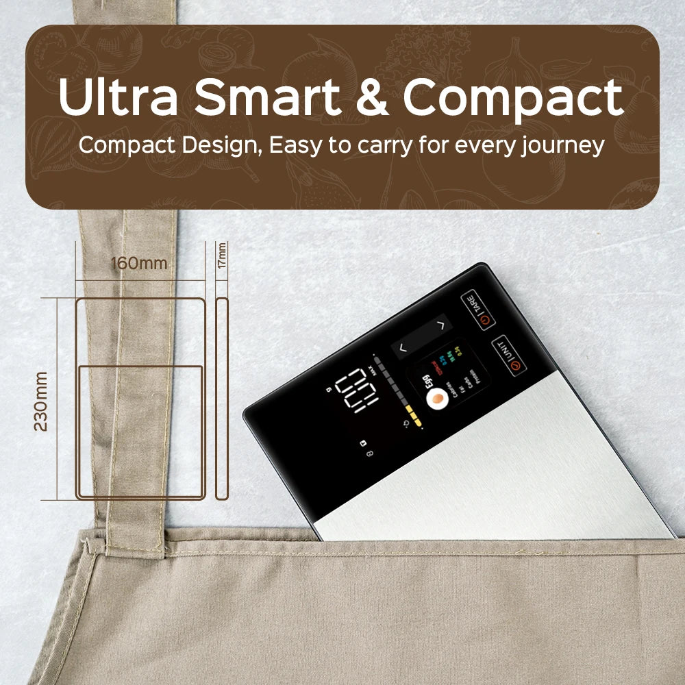 Smart Stainless Steel Kitchen Scale – 11lb/5kg Digital Food Scale with Calorie, Protein, Fat & Carb Nutritional Calculator