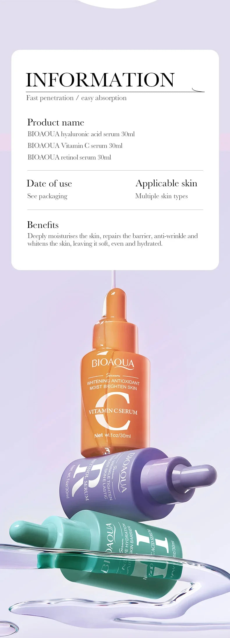 3-Piece Set: Vitamin C, Retinol, Hyaluronic Acid Face Serum Combo for Anti-Aging