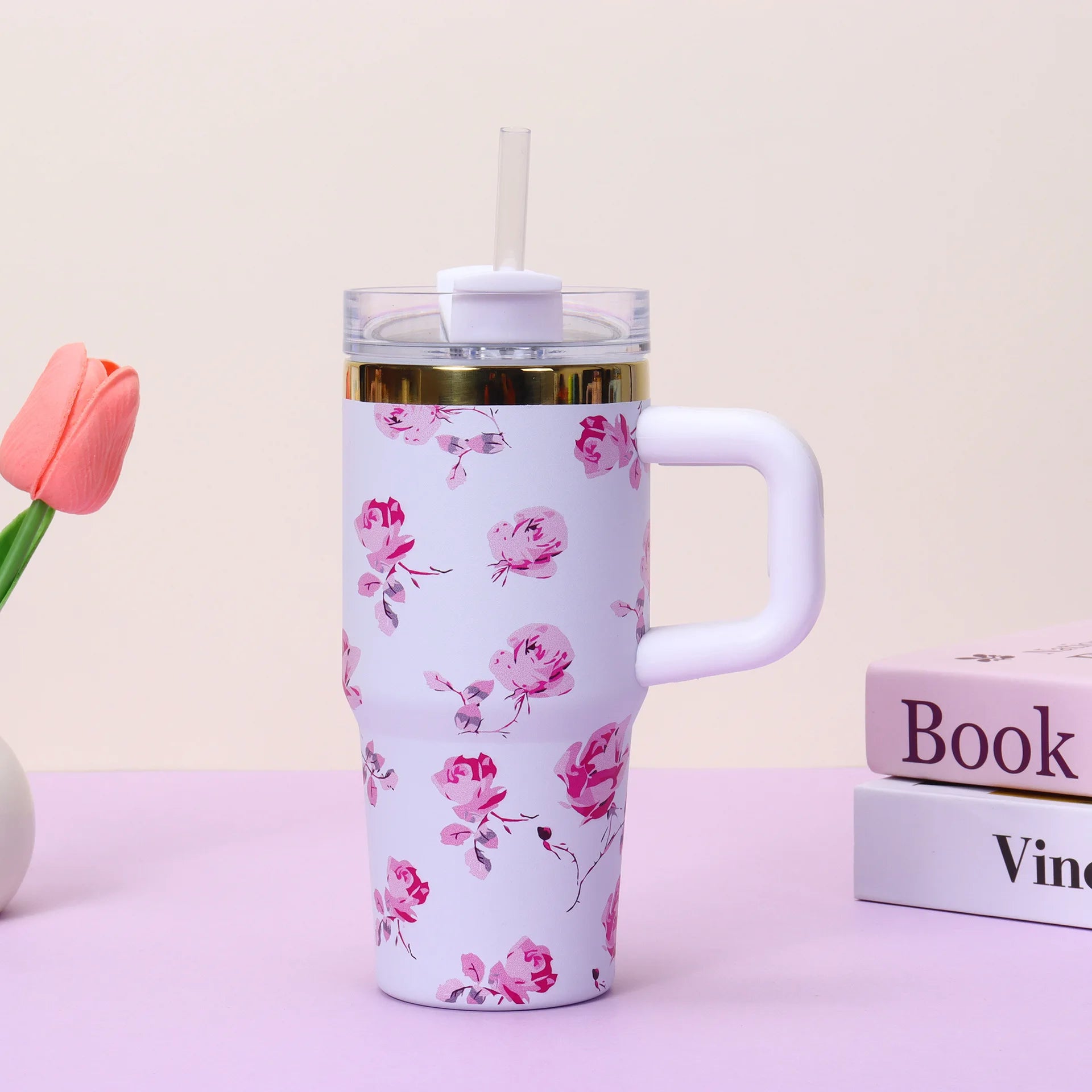 14oz Stainless Steel Insulated Car Tumbler | Travel Mug with Handle and Straw