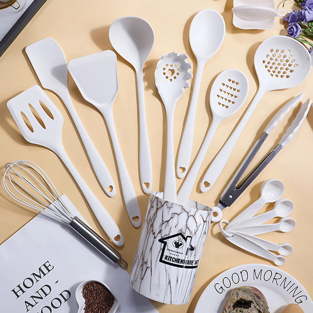 Pink 18PCS Silicone Kitchen Utensil Set – Food Grade Non-Stick Cooking Tools with Spatula, Turner & Measuring Spoons