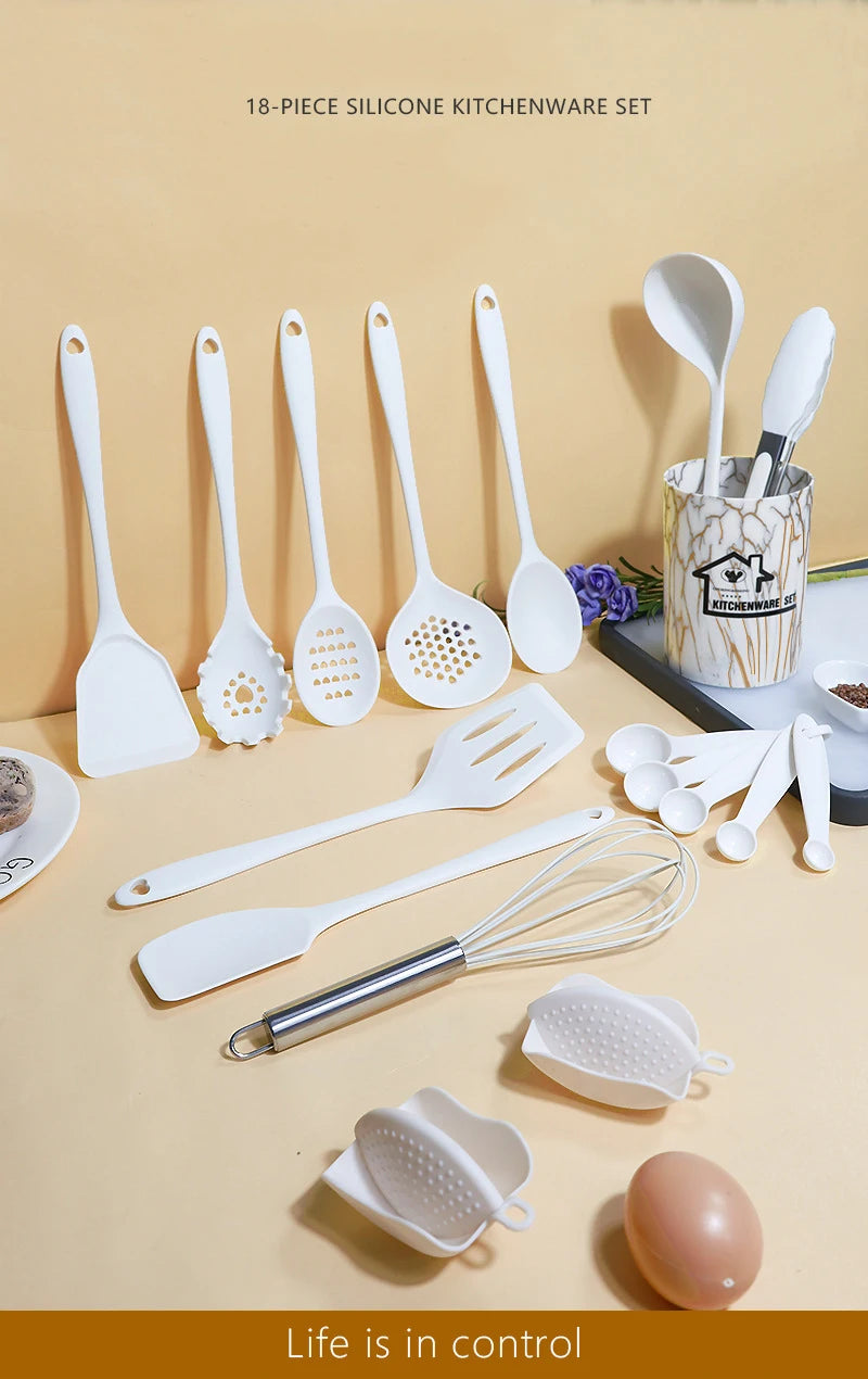 Pink 18PCS Silicone Kitchen Utensil Set – Food Grade Non-Stick Cooking Tools with Spatula, Turner & Measuring Spoons