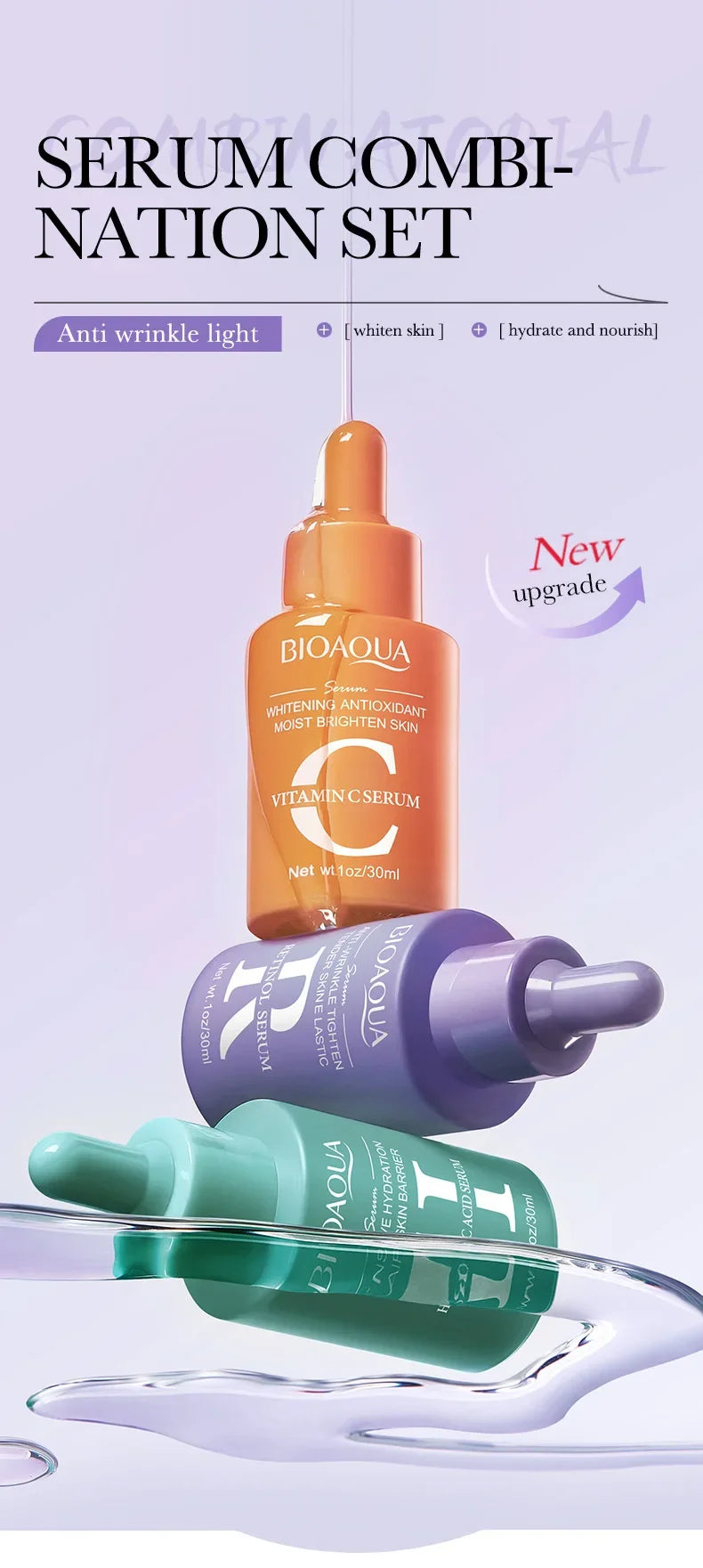 3-Piece Set: Vitamin C, Retinol, Hyaluronic Acid Face Serum Combo for Anti-Aging