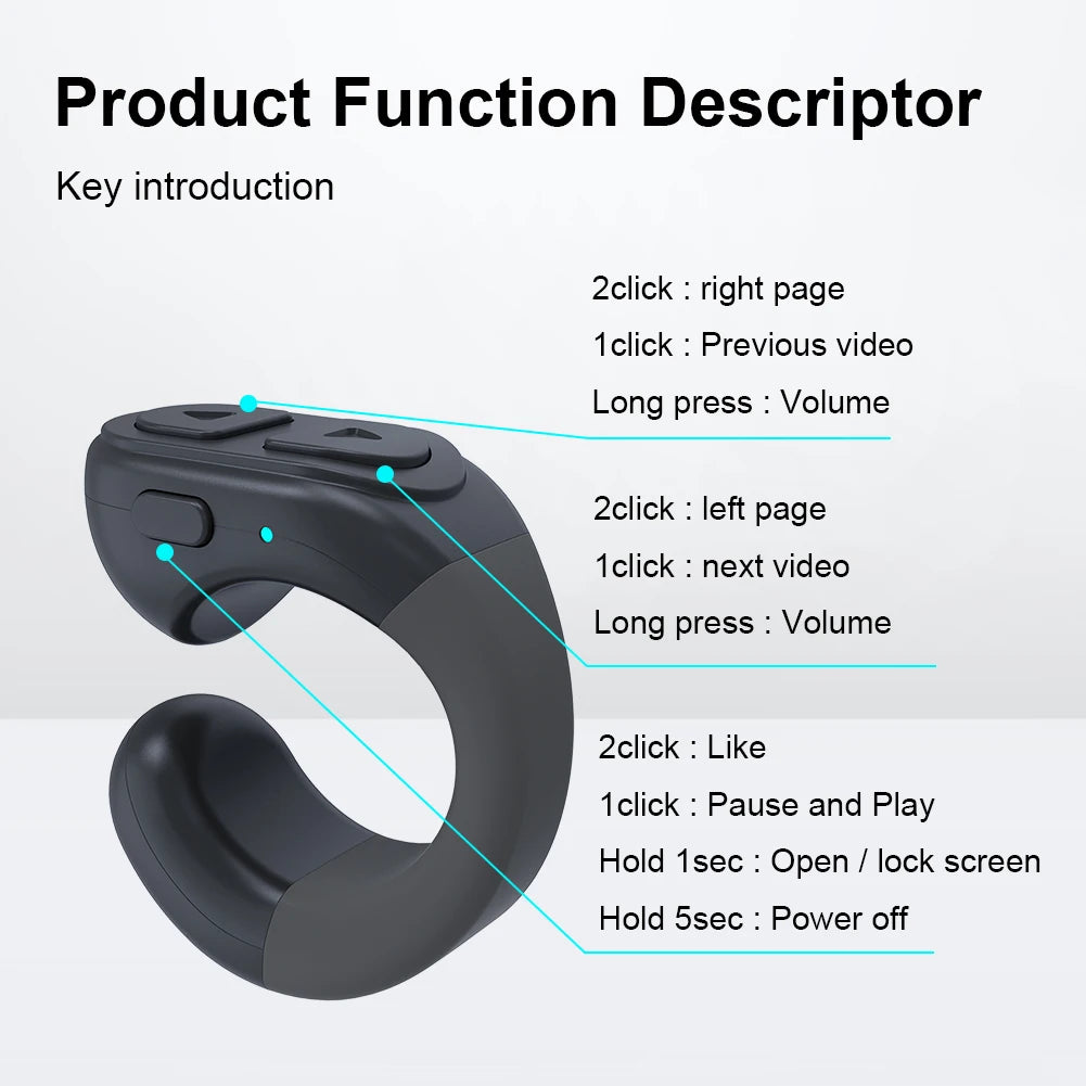 Bluetooth 5.0 Fingertip Remote Scrolling Ring – Wireless TikTok Scroll Controller & Camera Shutter Selfie Button with Phone Stand for Android & iOS