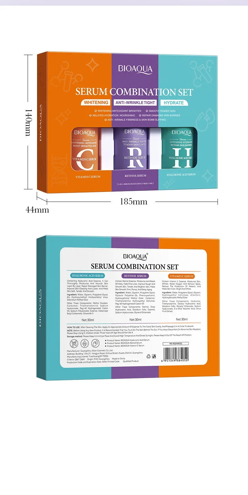 3-Piece Set: Vitamin C, Retinol, Hyaluronic Acid Face Serum Combo for Anti-Aging